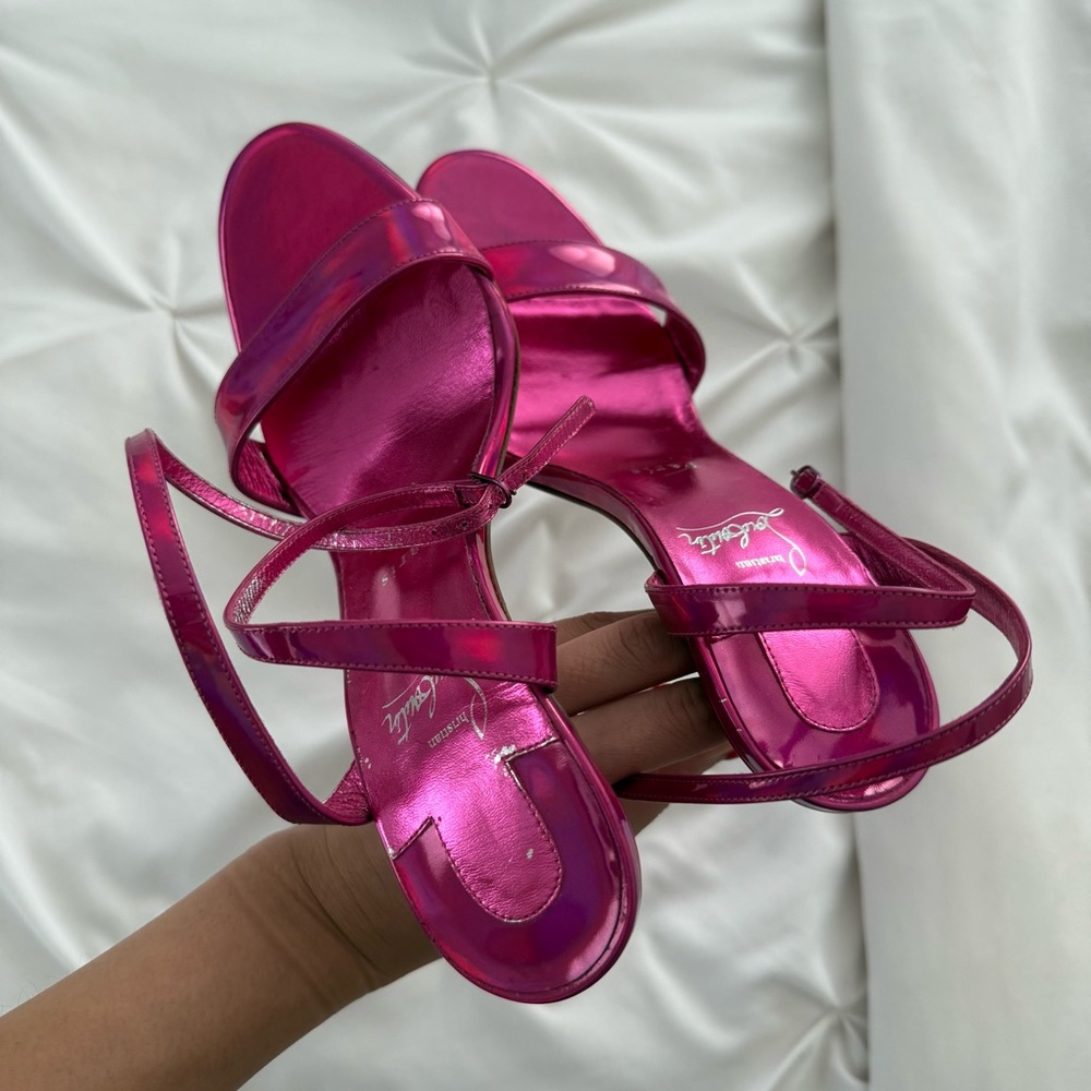 Christian Louboutin Shiny Pink Strappy Heels - Picture 5 of 6